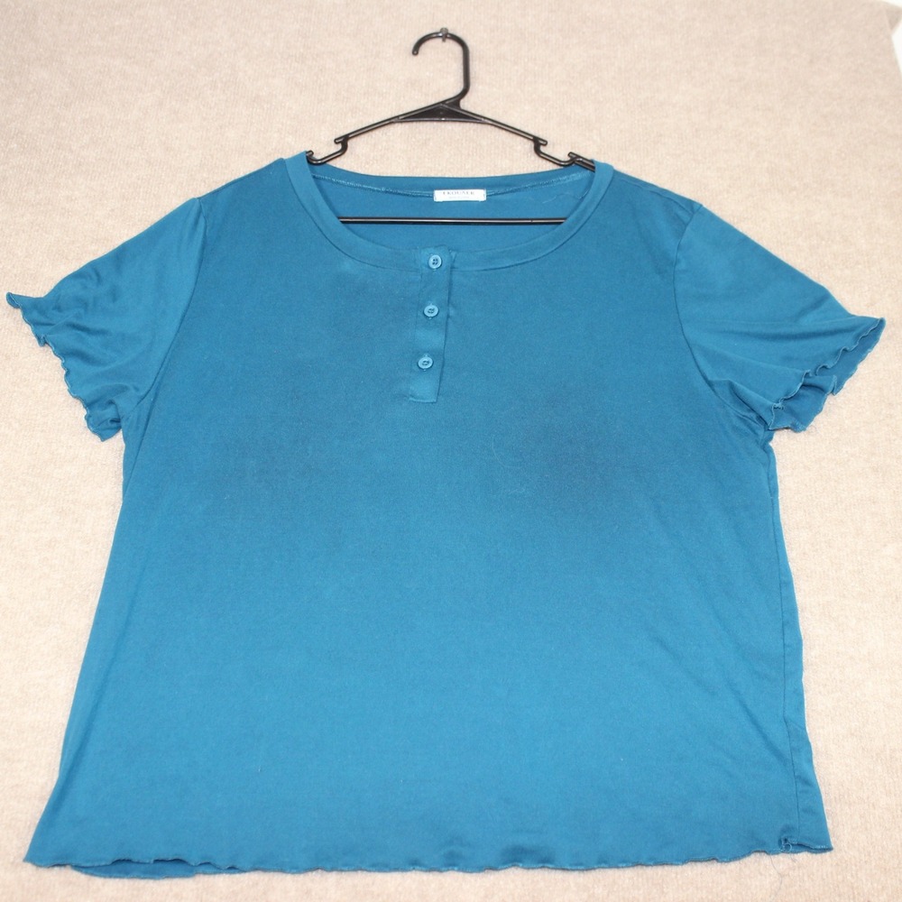 Ekouaer Teal Blue Henley Short Sleeve Lettuce Edge Trim Top Large